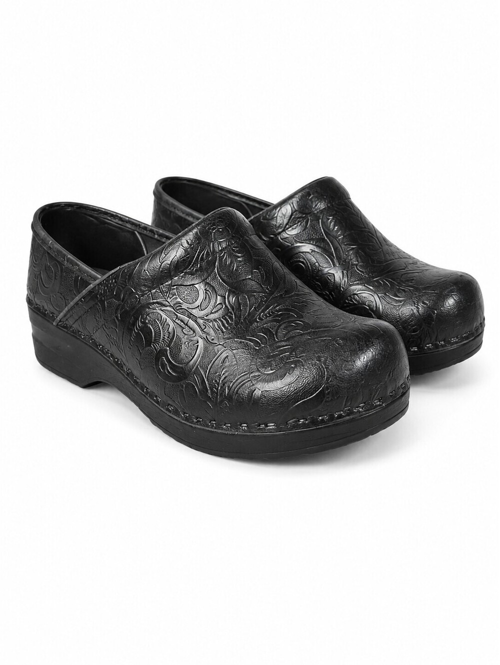 L.L.Bean Womens 9M Black Leather Floral Embossed Clogs Western Boho